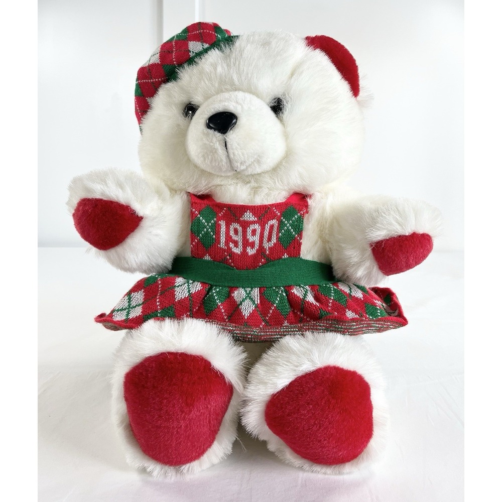 Vintage 1990 Kmart Dan Dee Christmas Girl Teddy Bear Argyle Dress Hat Plush NWT